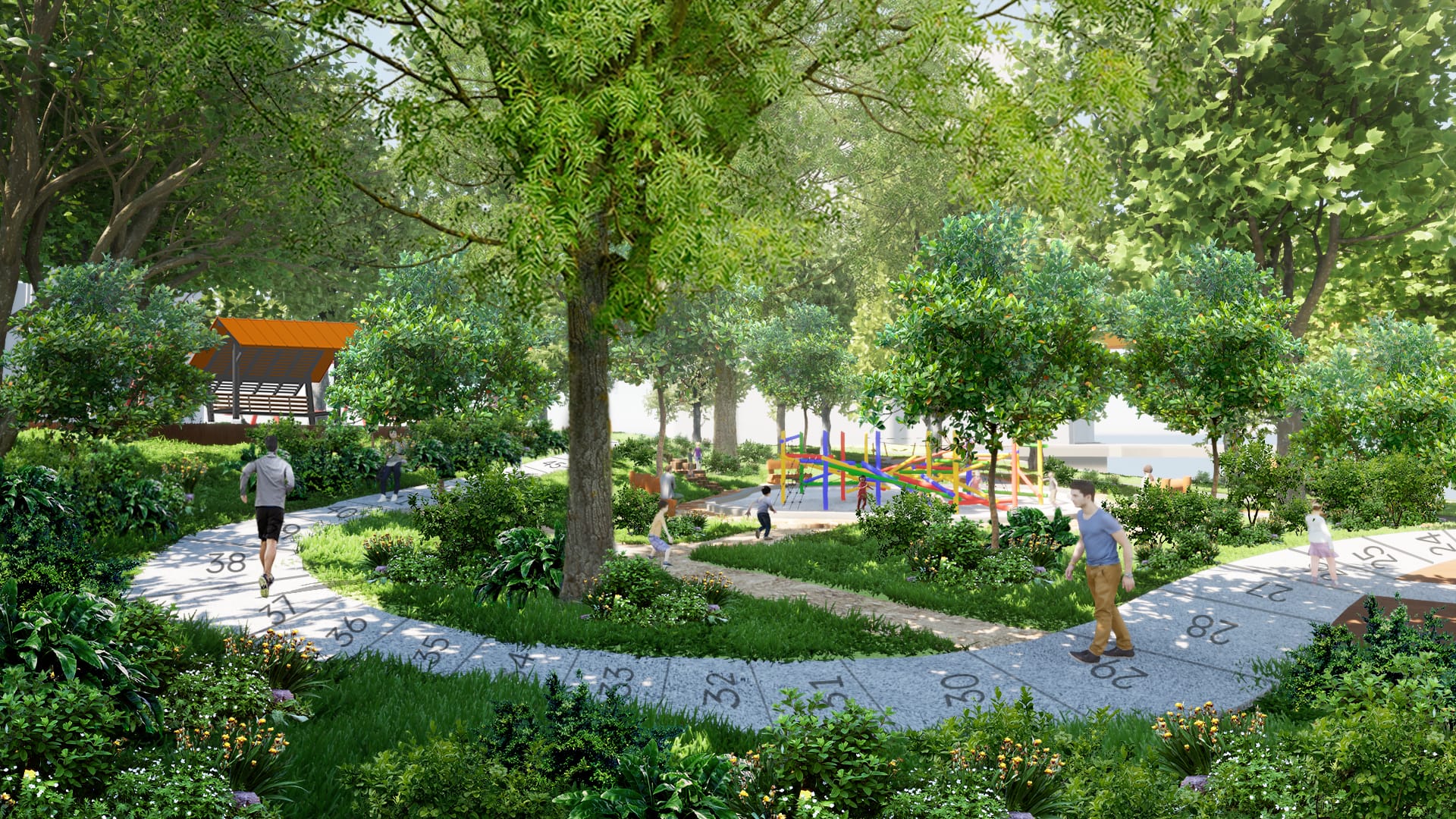 A park with people, trees, and a numbered walking path. A playground visible in the background.